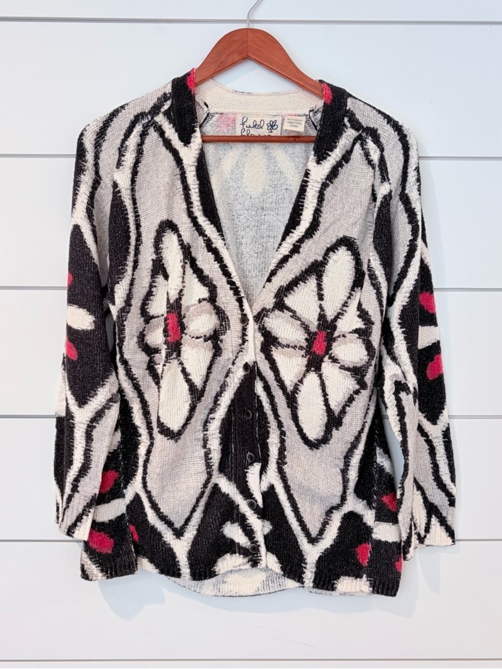 Anthro Field Flower Cardigan L Boho Abstract Knit Indie Sweater Cottagecore